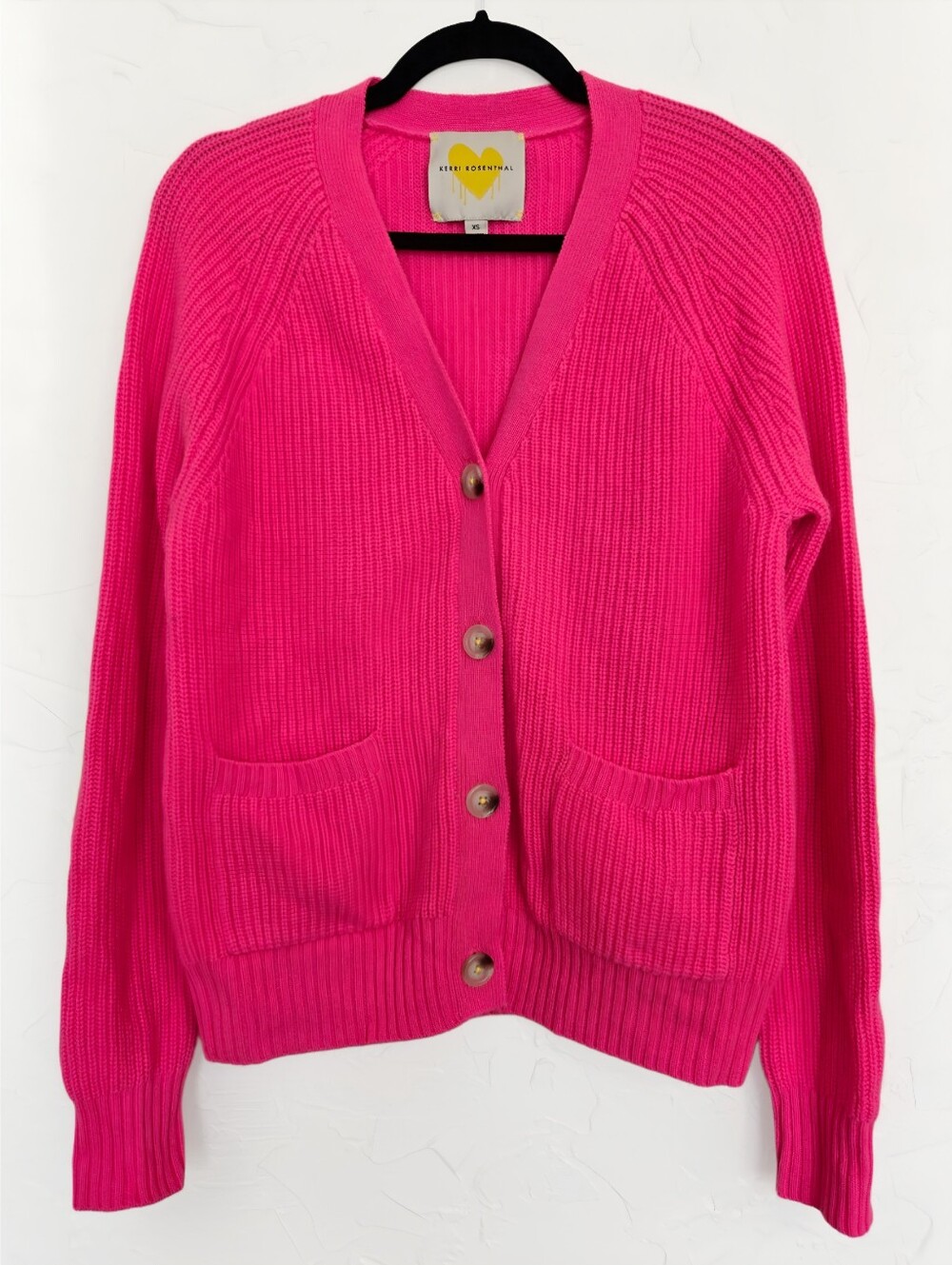 Kerri Rosenthal Cashmere Neon Pink Elbow Patch Sweater Cardigan, XS